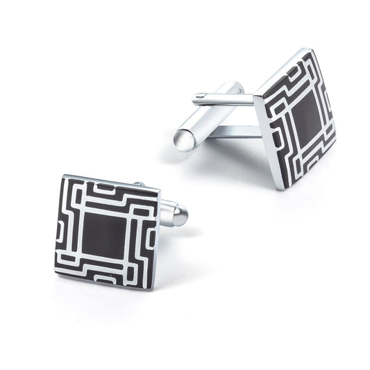 Silver Square Cufflinks With Black And White Lines