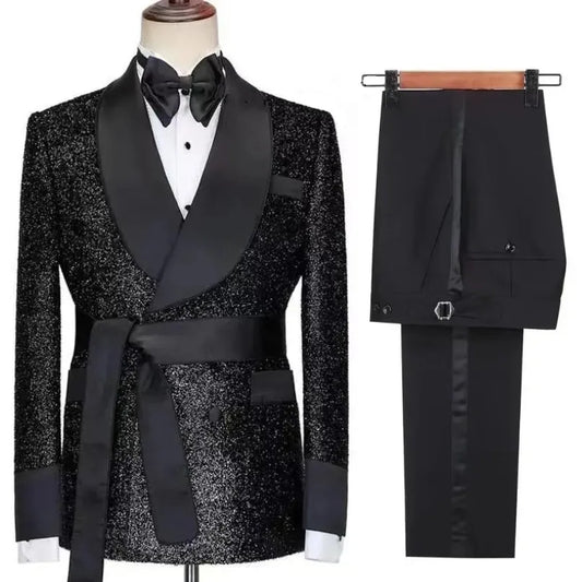 Handsome Black Sparkle Double Breasted Shawl Lapel Wedding Suits With Belt