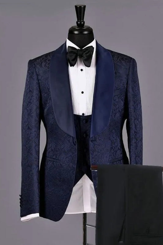 Best Fitted Navy Blue Jacquard 3 Pieces Shawl Lapel Wedding Suits