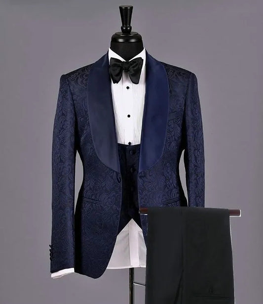 Best Fitted Navy Blue Jacquard 3 Pieces Shawl Lapel Wedding Suits