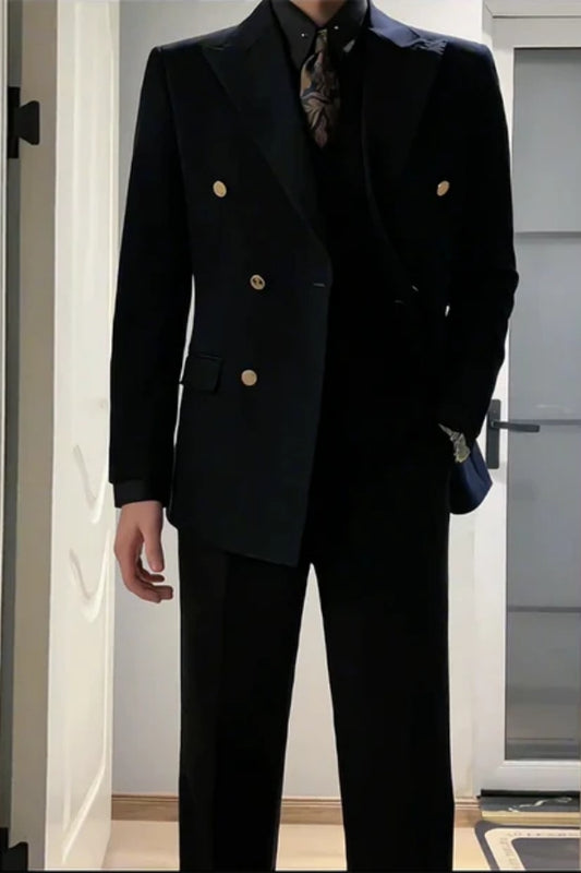 Black Trendy Double Breasted Wool Peaked Lapel Prom Men Suits