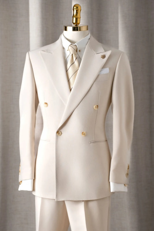 Trendy Beige Double Breasted Slim Fit Wool Prom Suits