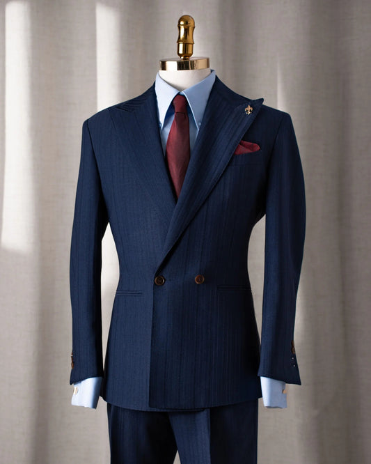 Modern Navy Blue Double Breasted Close Fitting Wool Business Suits