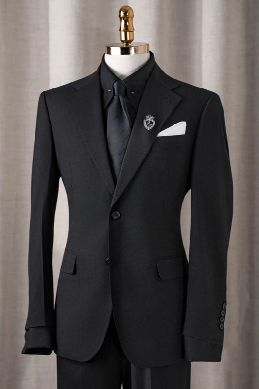 Formal Black Best Fitted Notched Lapel Wool Business Suits