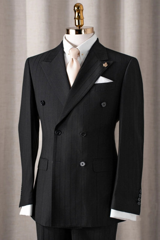 Bespoke Black Double Breasted Striped Wool Business Suits