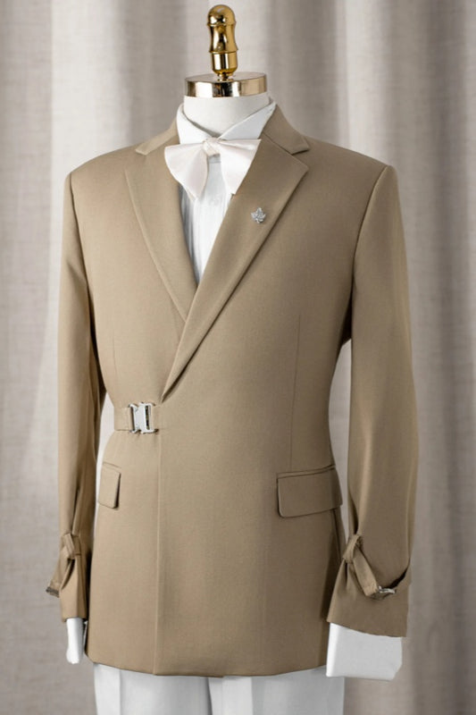 Chic Light Brown Notched Lapel Wool Prom Suits With Belt
