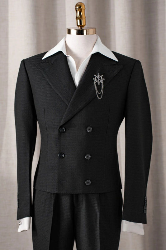 Fancy Black Double Breasted Short Wool Prom Suits