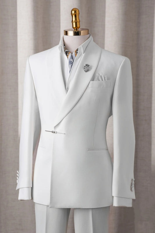 Stylish White Shawl Lapel Wedding Wool Suits With Metal Button