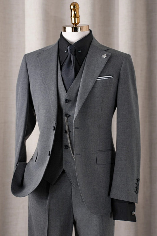 Fashion Dark Gray Notched Lapel 3 Pieces Wool Business Suits