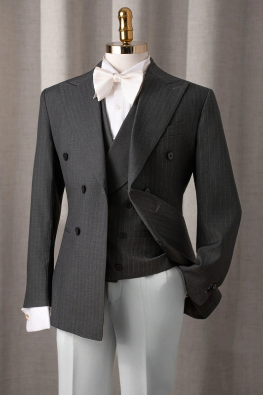 Modern Dark Gray Pinstriped 3 Pieces Wool Business Suits