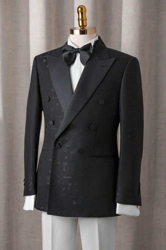 Bespoke Black Double Breasted Jacquard Wool Prom Suits