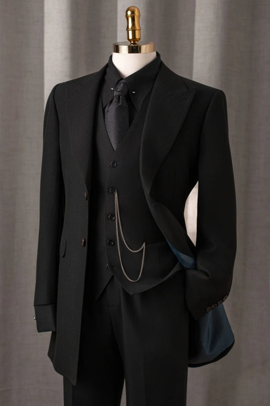 New Arrival Black 3 Pieces Peaked Lapel Long Wool Prom Suits