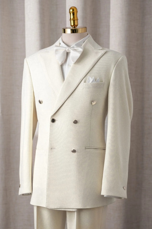 Trendy Off-white Double Breasted Wool Business Suits