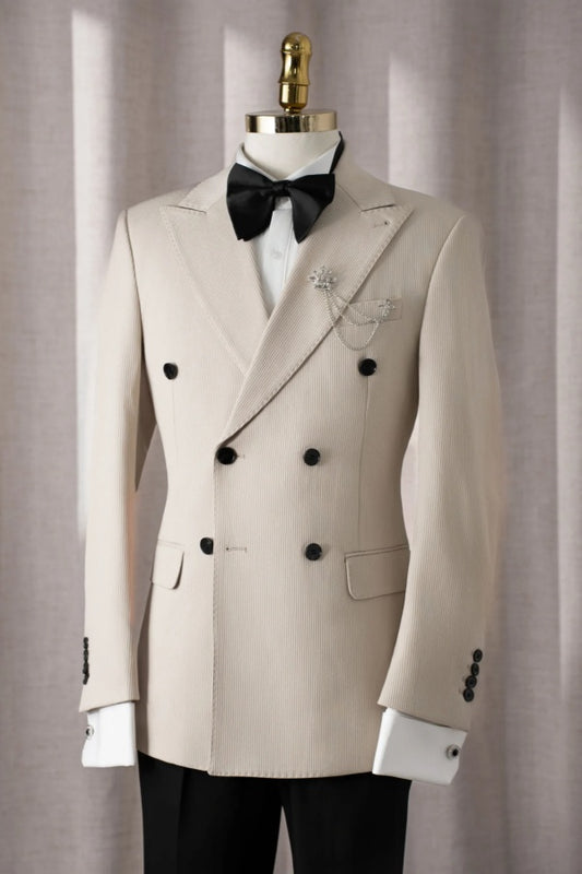 Chic Beige Corduroy Double Breasted Prom Men Suits