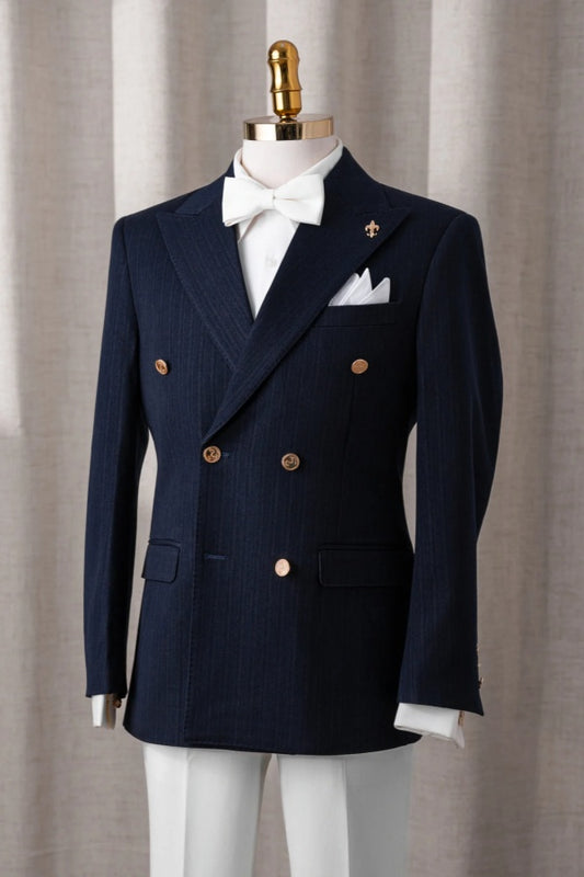 Fashion Dark Navy Double Breasted Striped Wool Prom Suits