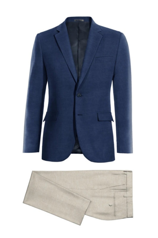 Fashion Dark Blue Wool Business Suits With Beige Pants