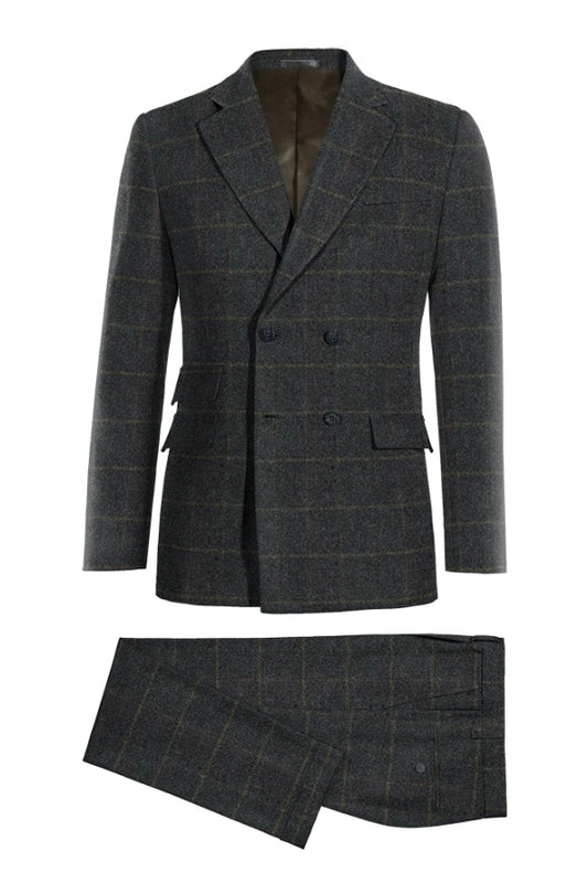 Dark Blue Plaid Notched Lapel Double Breasted Wool Business Suits