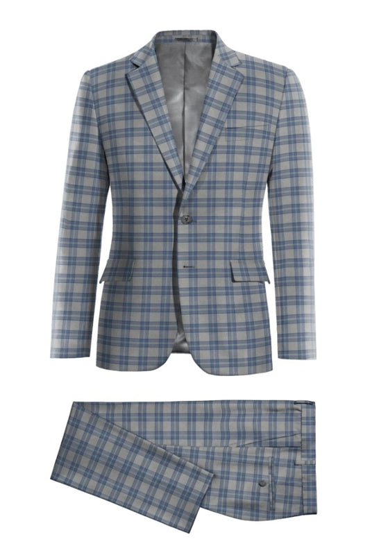 Fashion Gray Notched Lapel With Blue Plaid Wool Business Men Suits