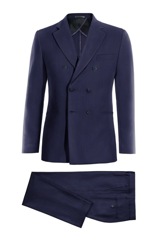 Navy Newest Striped Notched Lapel Double Breasted Wool Business Suits