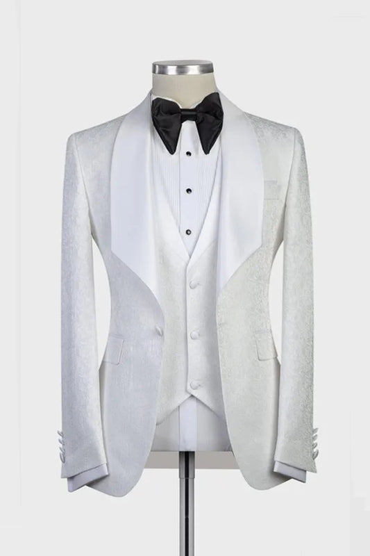 Classical White Jacquard Chic Shawl Lapel Wedding Suits