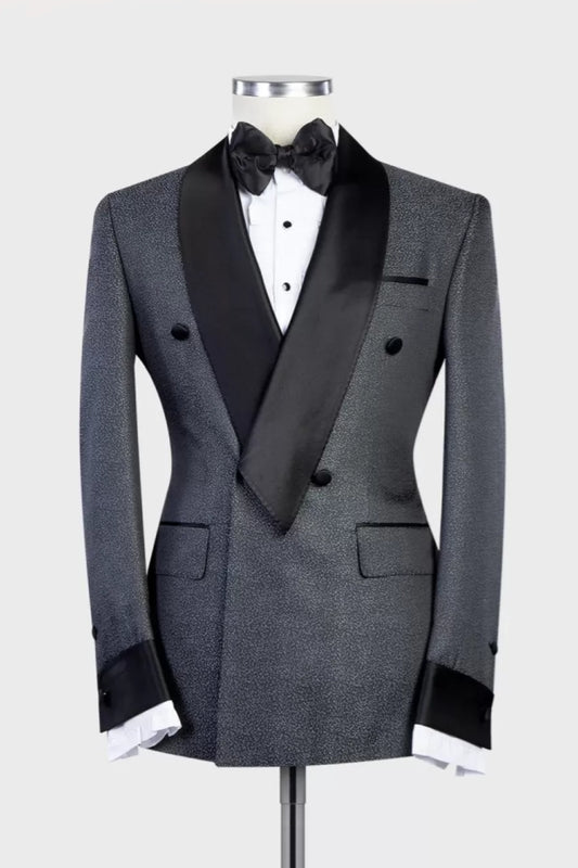 Dark Gray Shawl Lapel Double Breasted Wedding Suits With Belt