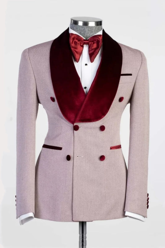 Stylish Pink Burgundy Shawl Lapel Double Breasted Wedding Suits