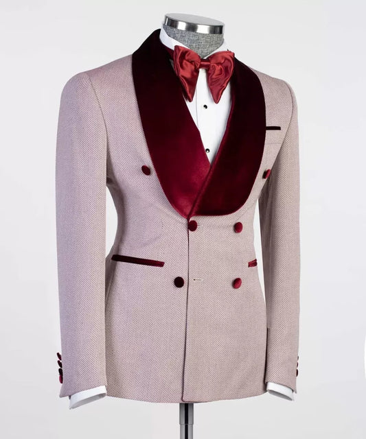 Stylish Pink Burgundy Shawl Lapel Double Breasted Wedding Suits