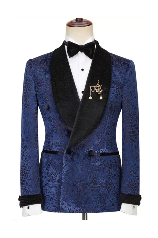 Best Fitted Dark Navy Jacquard Shawl Lapel Wedding Suits