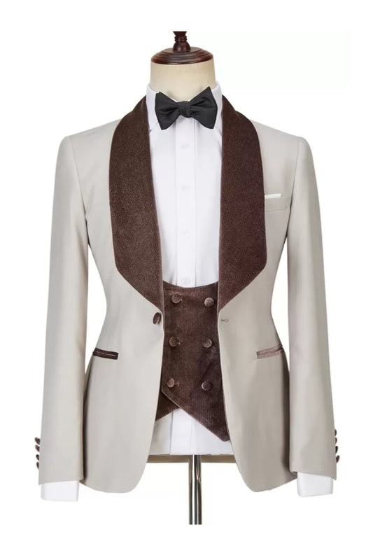 Stylish Beige 3 Pieces Shawl Lapel Wool Wedding Suits