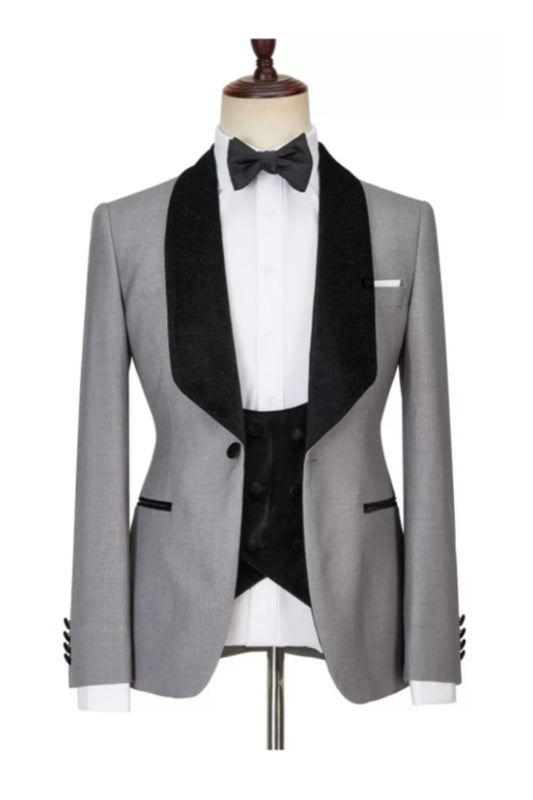 Bespoke Gray 3 Pieces Shawl Lapel Fancy Wool Wedding Suits