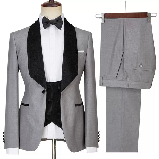 Bespoke Gray 3 Pieces Shawl Lapel Fancy Wool Wedding Suits