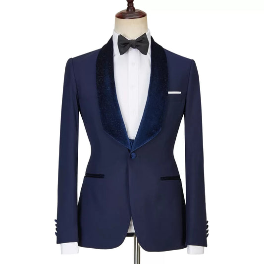 Handsome Navy Blue 3 Pieces Sparkle Velvet Shawl Lapel Wool Wedding Suits