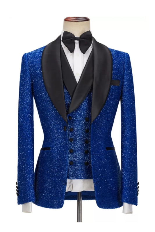 Chic Royal Blue Sequins 3 Pieces Shawl Lapel Wedding Suits
