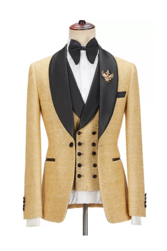 3 Pieces Champagne Gold Sequins Shawl Lapel Wedding Suits