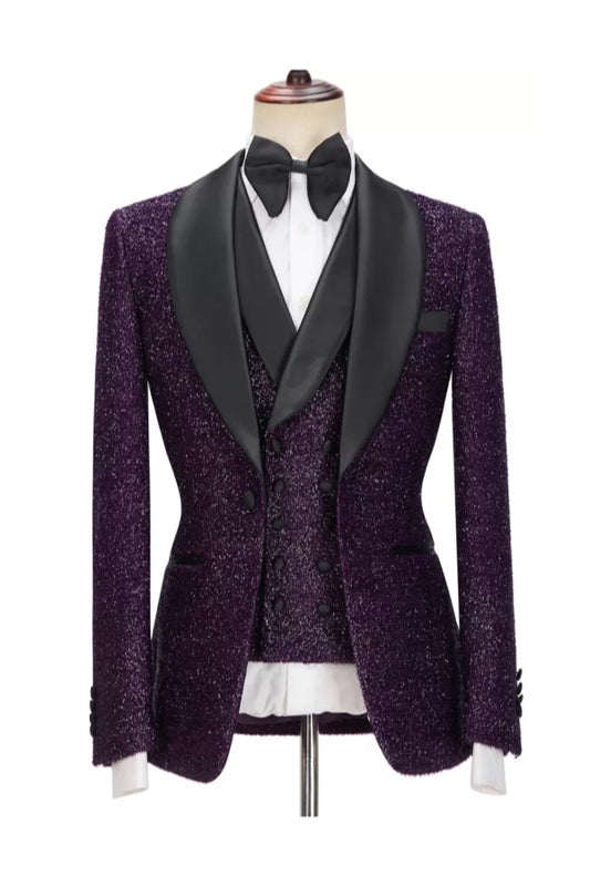 Glamorous Purple Sequins Shawl Lapel Wedding Suits With Waistcoat