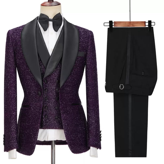 Glamorous Purple Sequins Shawl Lapel Wedding Suits With Waistcoat