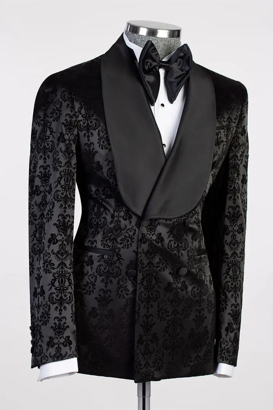 Best Fitted Black Floral Jacquard Double Breasted Shawl Lapel Wedding Suits