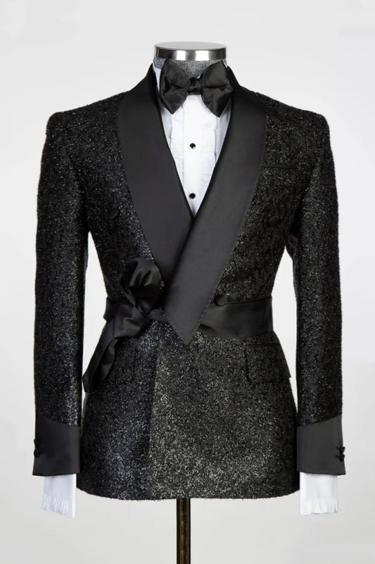 Sparkle Black Double Breasted Shawl Lapel Wedding Suits With Ribbon Belt