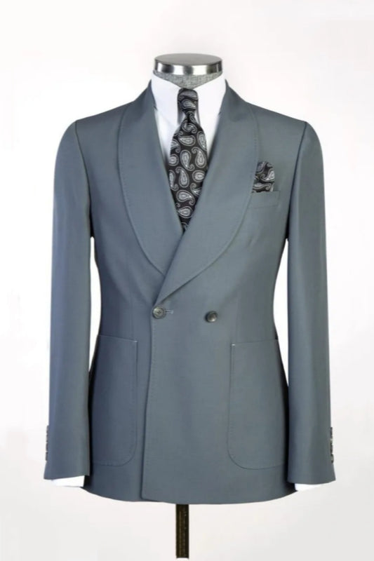 Fancy Gray Double Breasted Shawl Lapel Wool Wedding Suits
