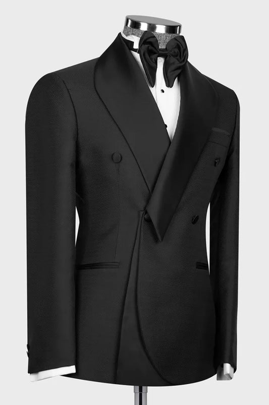 Unique Designed Black Shawl Lapel Double Breasted Wool Wedding Suits