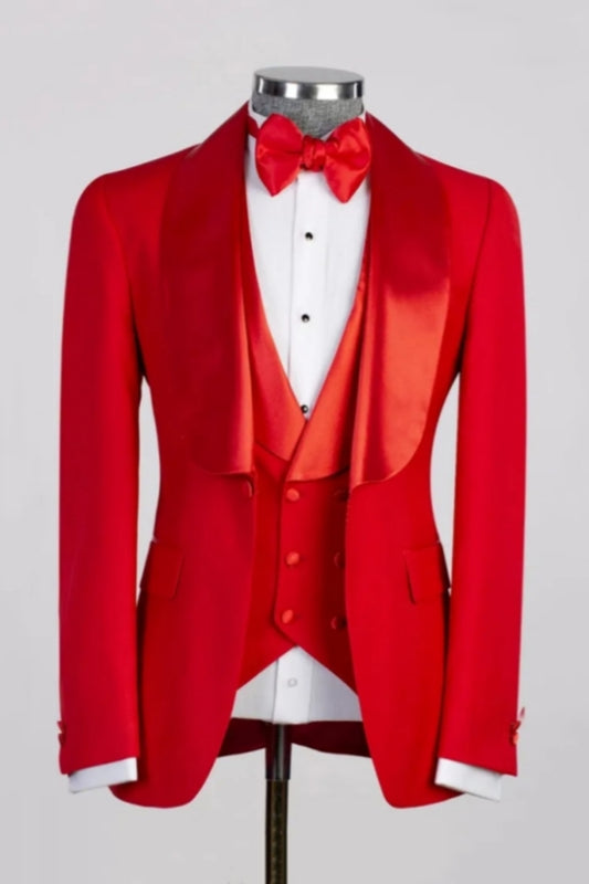 Chic Red 3 Pieces Shawl Lapel Wool Wedding Suits