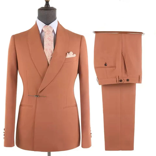 Bespoke Orange Shawl Lapel Wool Wedding Suit With Bolt Buckle