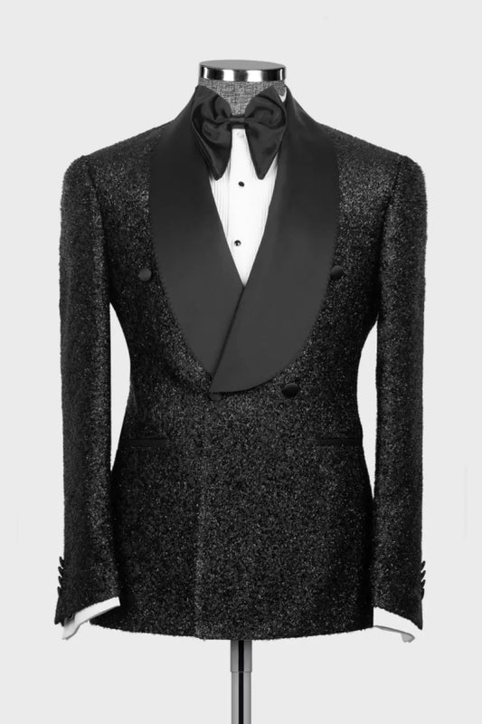 Sparkle Black Double Breasted Shawl Lapel Beadings Wedding Suits