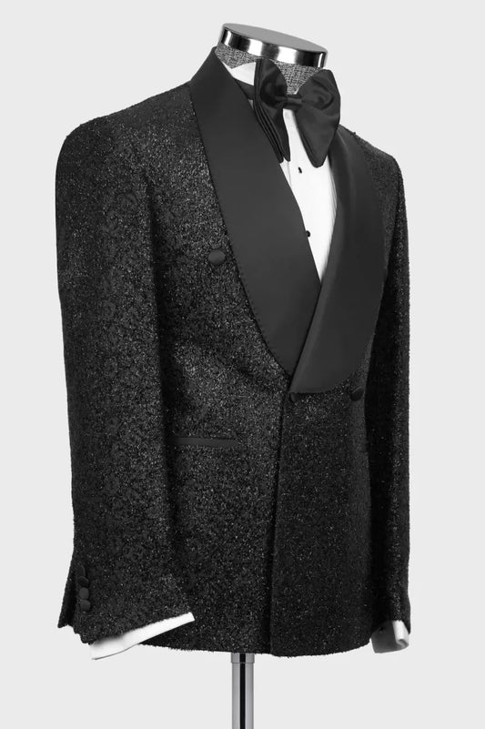Sparkle Black Double Breasted Shawl Lapel Beadings Wedding Suits