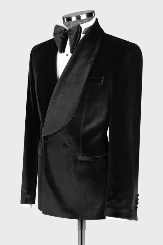 Black Velvet Double Breasted Wide Shawl Lapel Wedding Suits