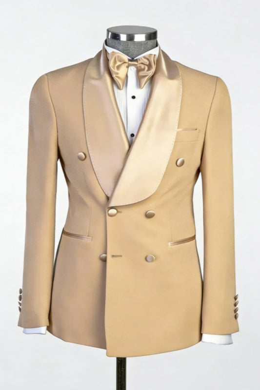 Modern Khaki Satin Shawl Lapel Wool Wedding Suits