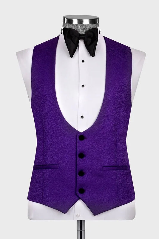 Newest Royal Purple 3 Pieces Jacquard Shawl Lapel Wedding Suits
