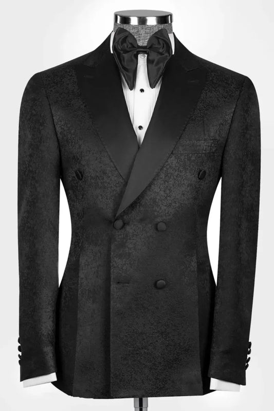 Gentle Black Jacquard Double Breasted Peaked Lapel Wedding Suits