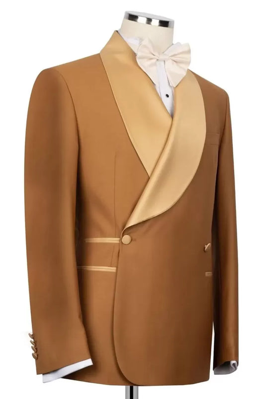 Stylish Gold Brown Satin Shawl Lapel Wool Wedding Suits
