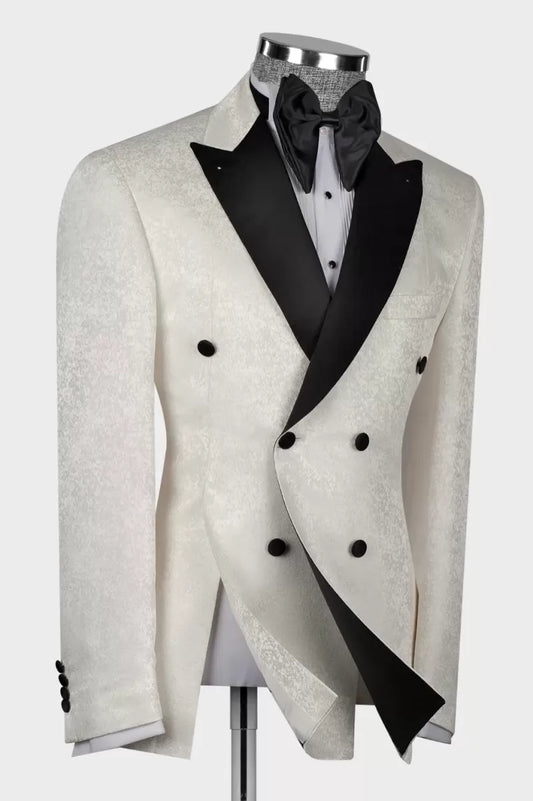 Best Fitted White Jacquard Double Breasted Peaked Lapel Prom Suits